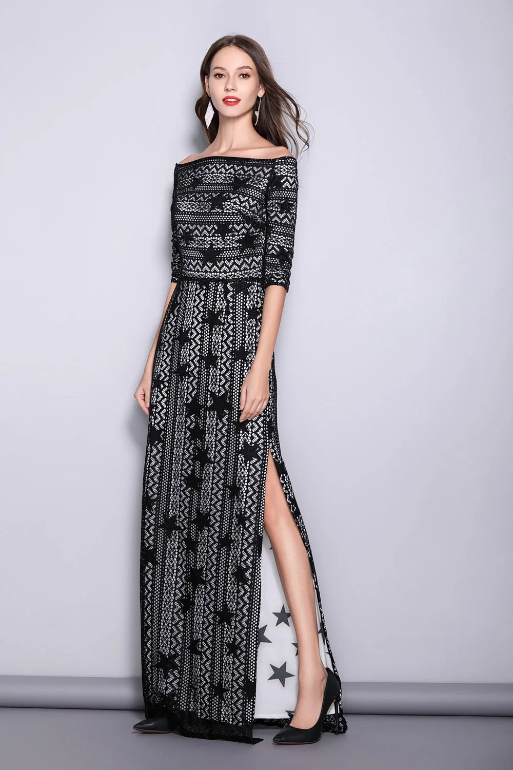 Women's Slash Neckline 3/4 Sleeves Off the Shoulder Embroidery Lace Split Elegant Party Dresses Fashion Long Runway Dresses - Image 2