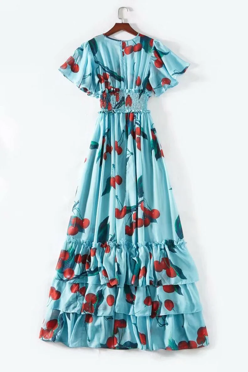 Women's Runway Designer Dresses V Neck Flare Sleeves Floral Printed Ruffles Casual Holiday Long Dresses - Image 8