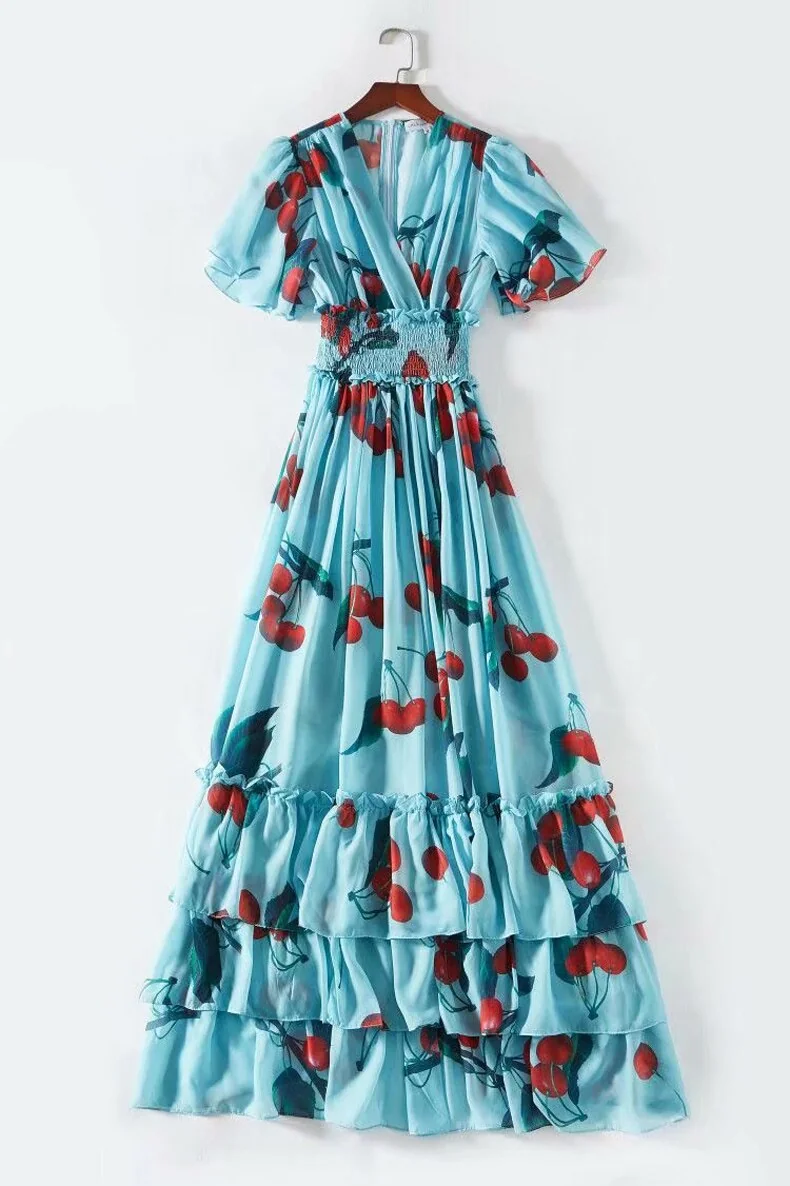 Women's Runway Designer Dresses V Neck Flare Sleeves Floral Printed Ruffles Casual Holiday Long Dresses - Image 7