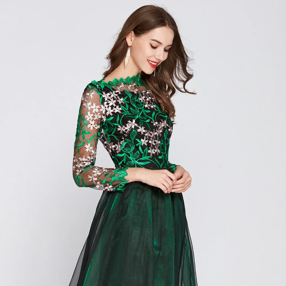 Women's O Neck Long Sleeves Embroidery Bodice Patchwork Fashion Party Prom Maxi Runway Dresses - Image 12