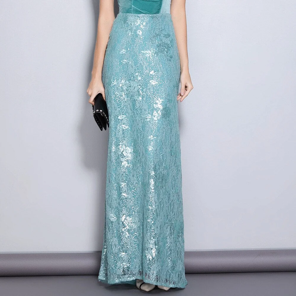 Women's Party Prom Slash Neckline Embroidery Lace Velvet Patchwork Elegant Maxi Long Designer Dresses - Image 7