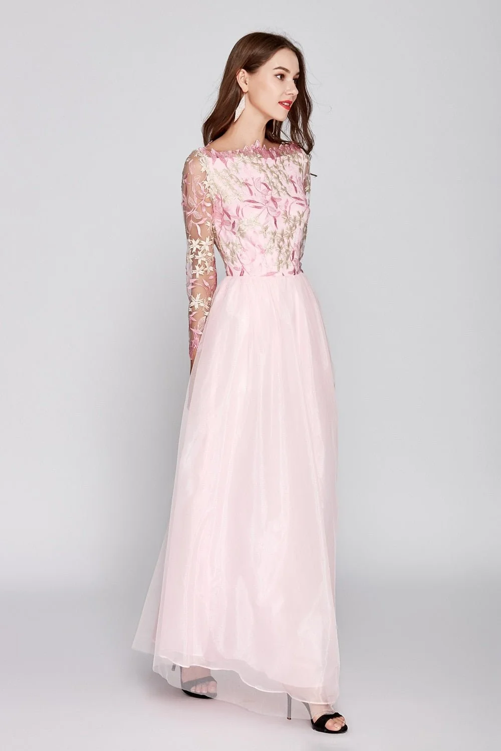 Women's O Neck Long Sleeves Embroidery Bodice Patchwork Fashion Party Prom Maxi Runway Dresses - Image 5