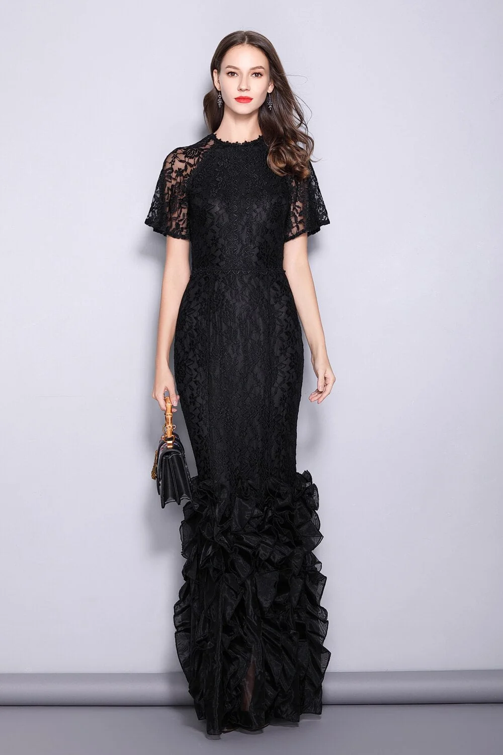 Women's Runway Designer Dresses O Neck Short Sleeves Embroidery Lace Prom Ruffles Mermaid Black Long Party Dresses - Image 3