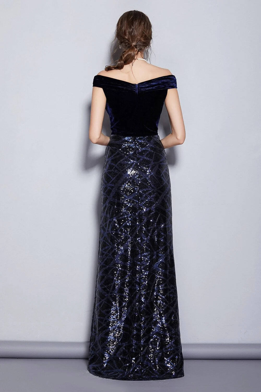 Women's Runway Designer Dresses Slash Neckline Cap Sleeves Velour Bodice Patchwork Sequined Elegant Long Party Dresses - Image 6