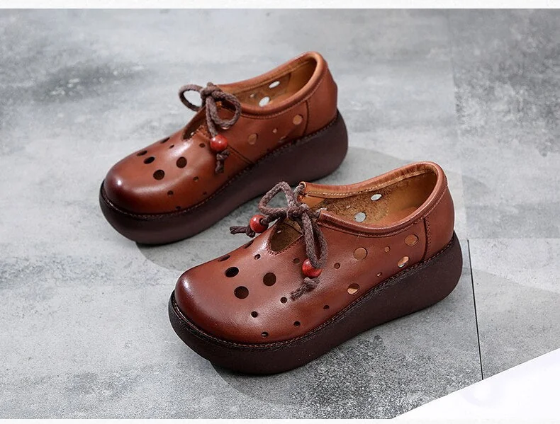 Handmade Vintage Summer Shoes Women Flat Platform Shoes Genuine Leather Breathable Slip on Ladies Platform Shoes - Image 7