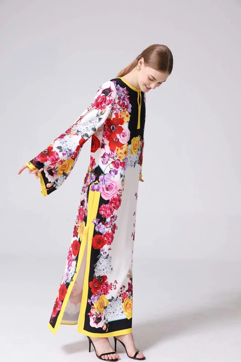 Women's Runway Dresses O Neck Long Sleeves Loose Design Side Split Flora Printed Fashion Casual Maxi Dresses - Image 5