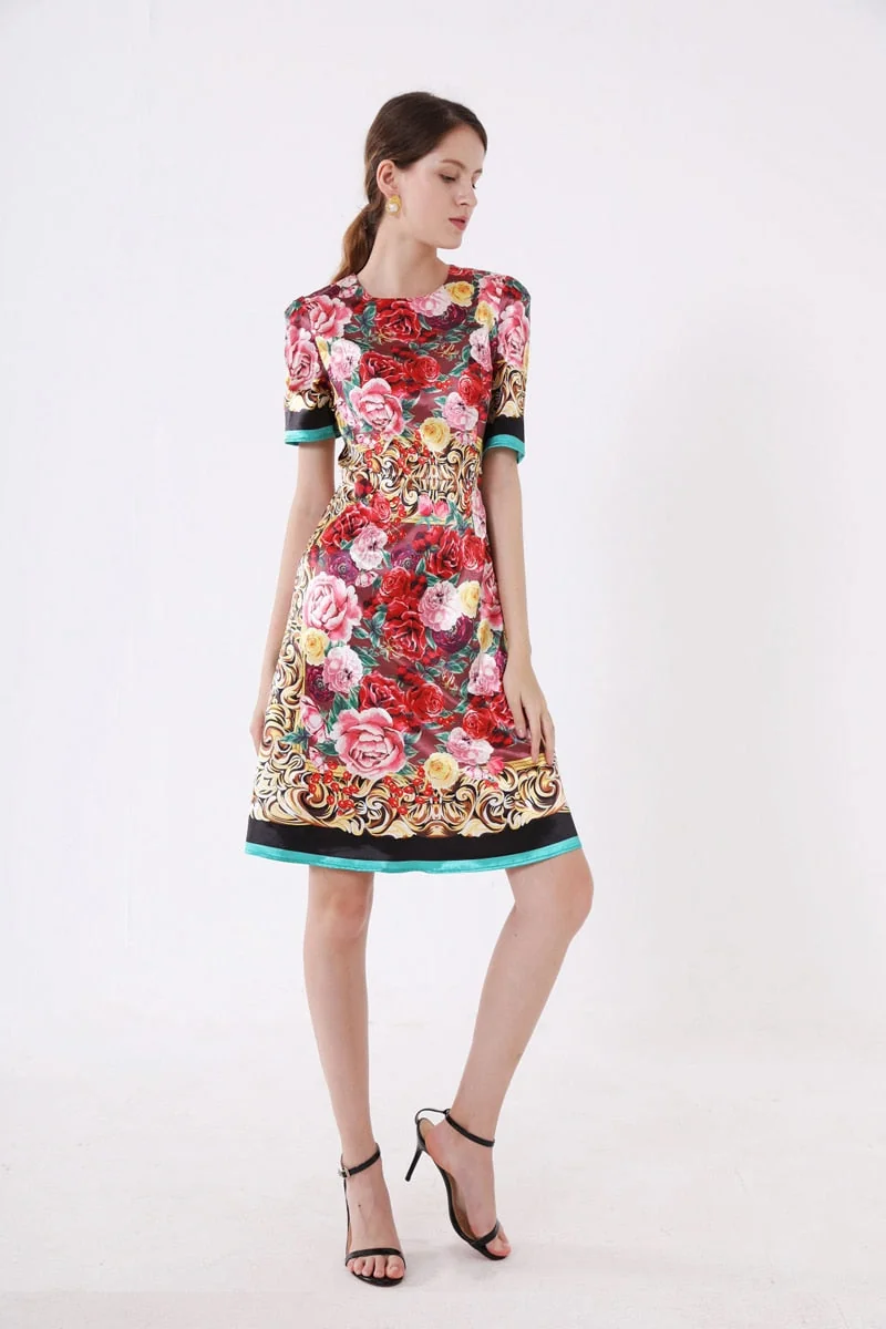 Women's Runway Dresses O Neck Short Sleeves Floral Printed Fashion Casual Pencil Summer Dresses - Image 3