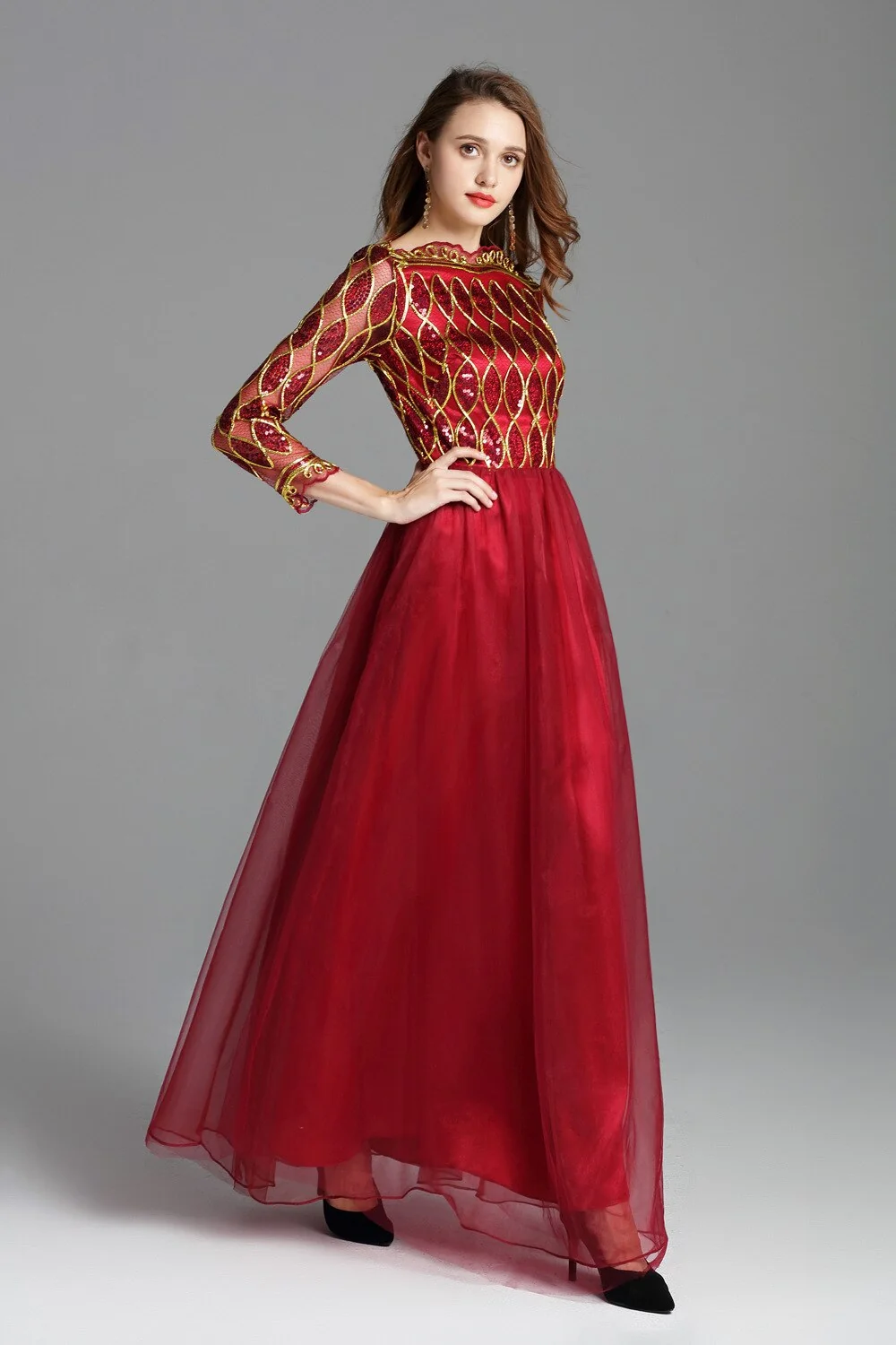 Women's Elegant Runway Dresses Autumn Slash Neckline Embroidery Party Prom Long Sleeves Sequined Fashion Maxi Dresses - Image 5