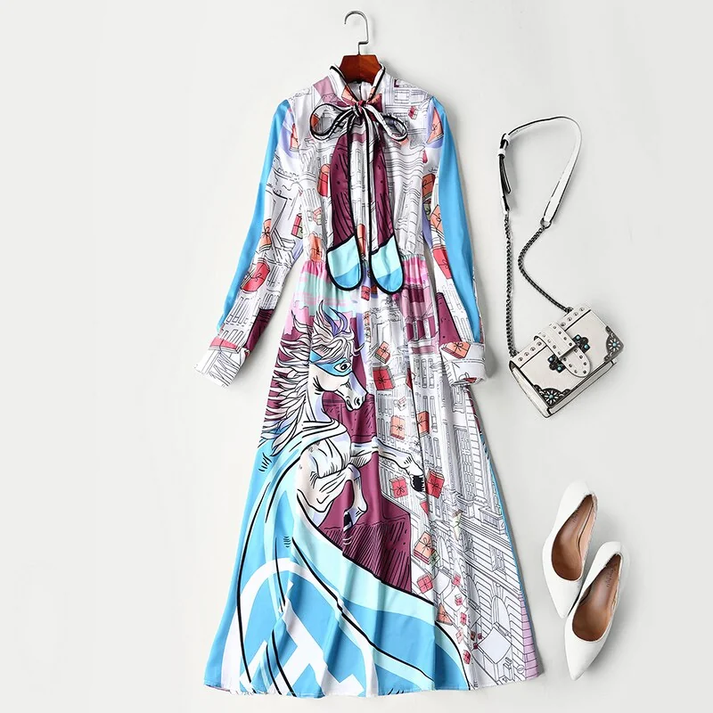 Women's Runway Designer Dresses Bow Collar Long Sleeves Animals Printed Elegant Mid Calf Casual Dresses - Image 9