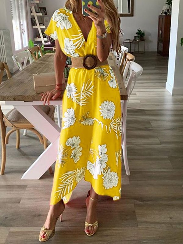 The Best Women V-neck Boho Floral Belted Maxi Dress Summer Ladies Casual Short Sleeve Party Beach Sundress Holiday Clothing Online - Takalr