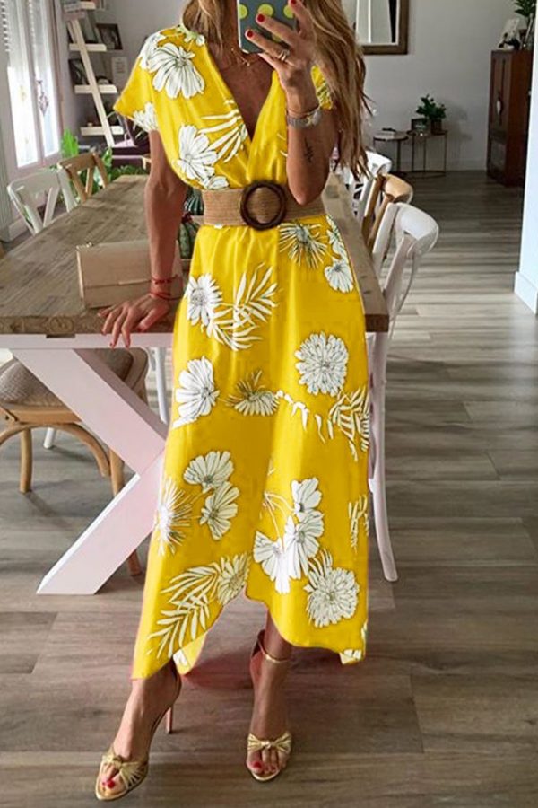 The Best Women V-neck Boho Floral Belted Maxi Dress Summer Ladies Casual Short Sleeve Party Beach Sundress Holiday Clothing Online - Takalr