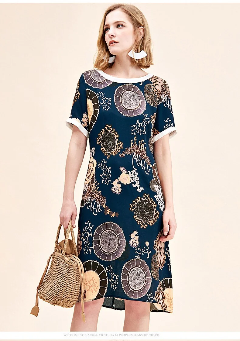 100% Natural Silk Women's Runway Dresses O Neck Short Sleeves Printed Elegant Casual Summer Dresses
