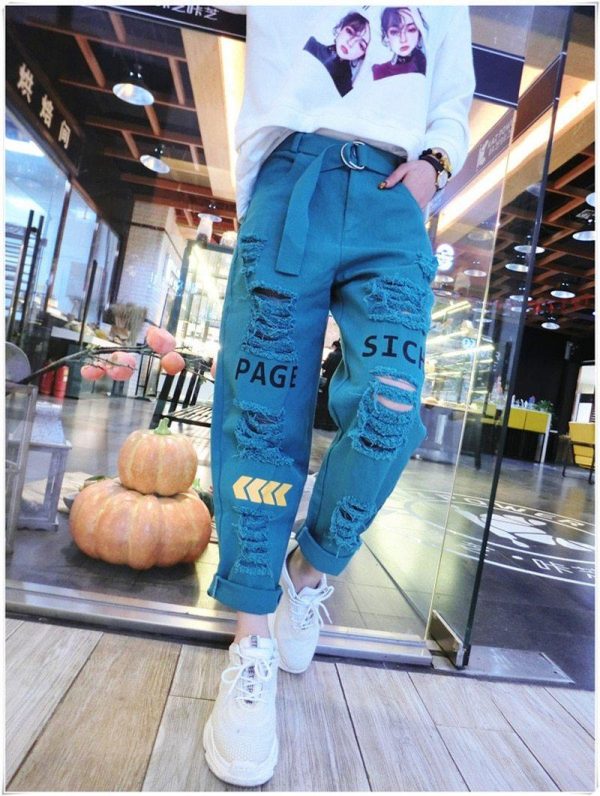 Letter Spliced Women Jeans Holes Pants Loose Candy Color Denim women's pants Autumn Harajuku BF Female Joggers - Takalr