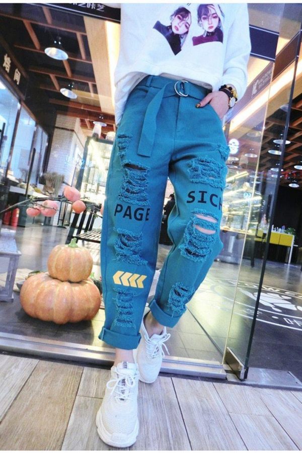 Letter Spliced Women Jeans Holes Pants Loose Candy Color Denim women's pants Autumn Harajuku BF Female Joggers - Takalr