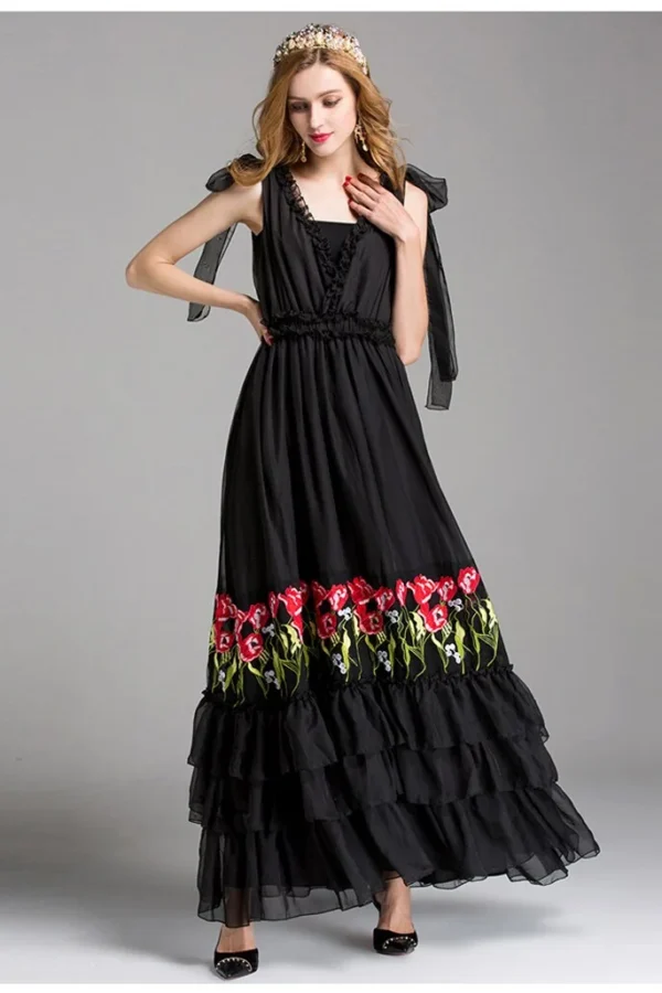 Women's Runway Designer Sexy V Neck Sleeveless Embroiery Party Prom Ruffles Fashion Long Summer Dresses