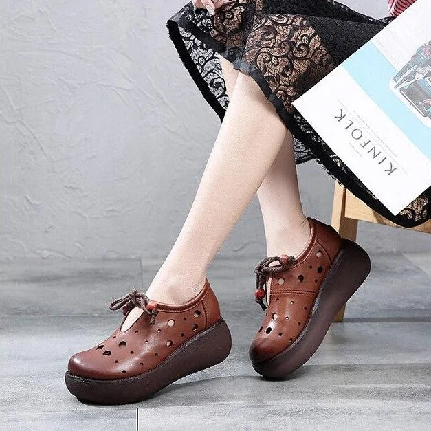Handmade Vintage Summer Shoes Women Flat Platform Shoes Genuine Leather Breathable Slip on Ladies Platform Shoes - Image 2