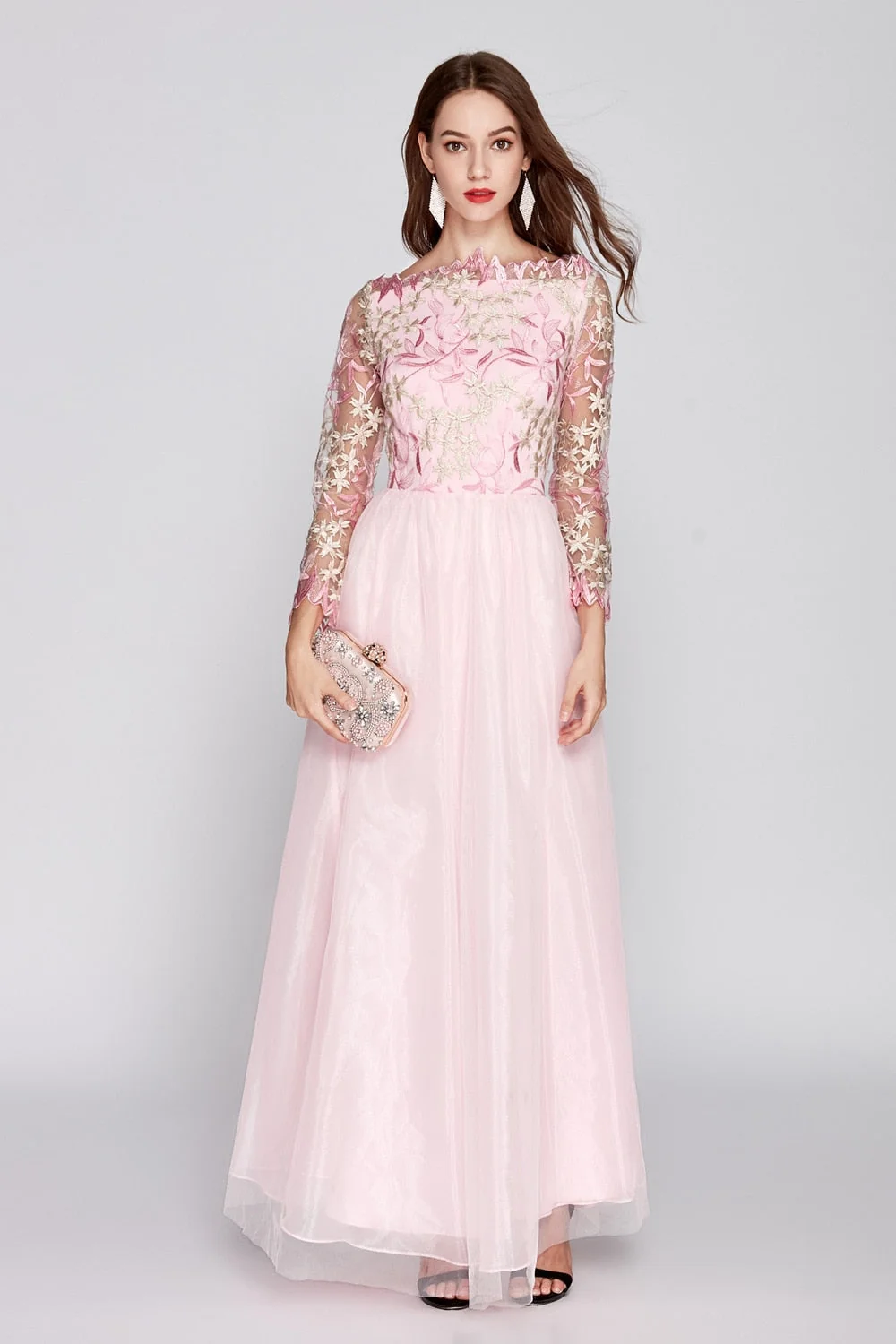 Women's O Neck Long Sleeves Embroidery Bodice Patchwork Fashion Party Prom Maxi Runway Dresses - Image 3