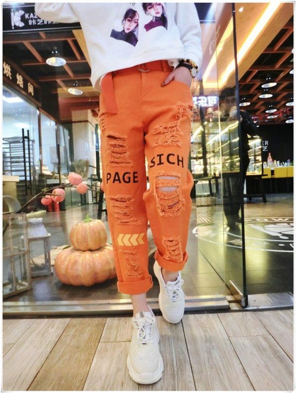 Letter Spliced Women Jeans Holes Pants Loose Candy Color Denim women's pants Autumn Harajuku BF Female Joggers - Takalr