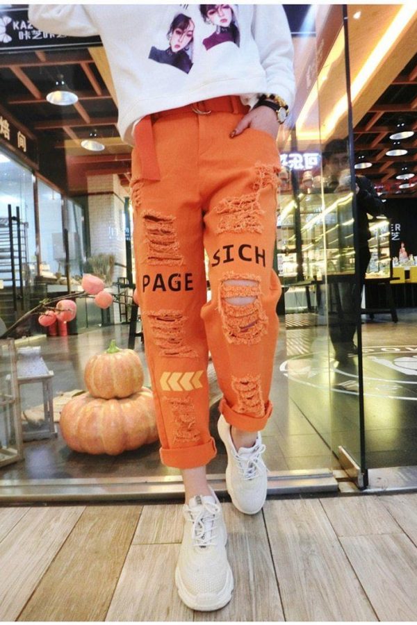 Letter Spliced Women Jeans Holes Pants Loose Candy Color Denim women's pants Autumn Harajuku BF Female Joggers - Takalr