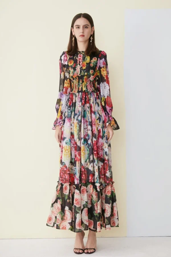 Women's Runway Dresses O Neck Long Sleeves Floral Printed Ruffles Elegant Designer Casual Holiday Maxi Dresses