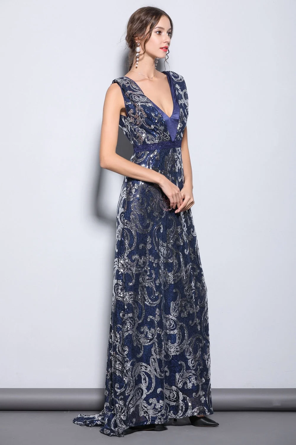 Women's Party Prom Sexy V Neck Sleeveless Embroidery Sequined Elegant Formal Long Runway Dresses - Image 5