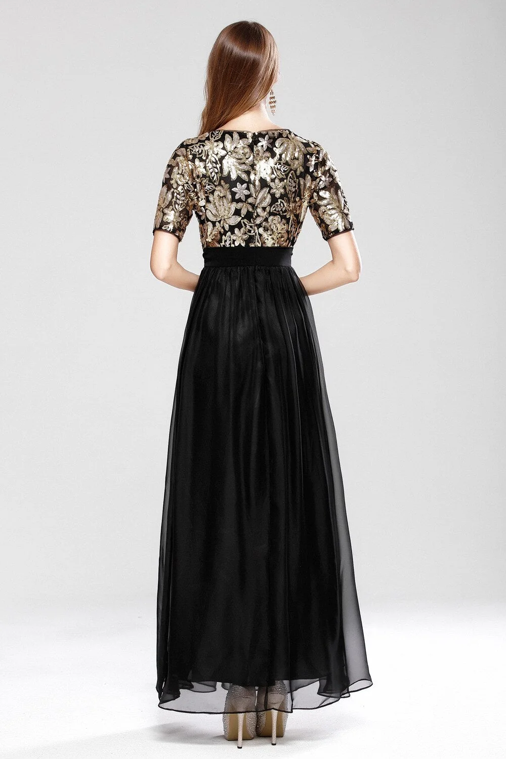 Women's O Neck Short Sleeves Sequined Patchwork Fashion Long Party Prom Elegant Maxi Dresses - Image 6