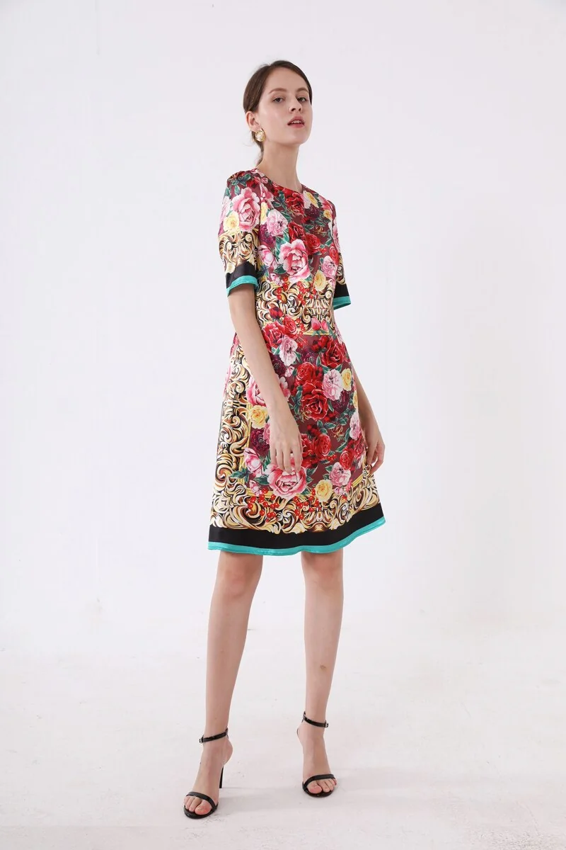 Women's Runway Dresses O Neck Short Sleeves Floral Printed Fashion Casual Pencil Summer Dresses - Image 5
