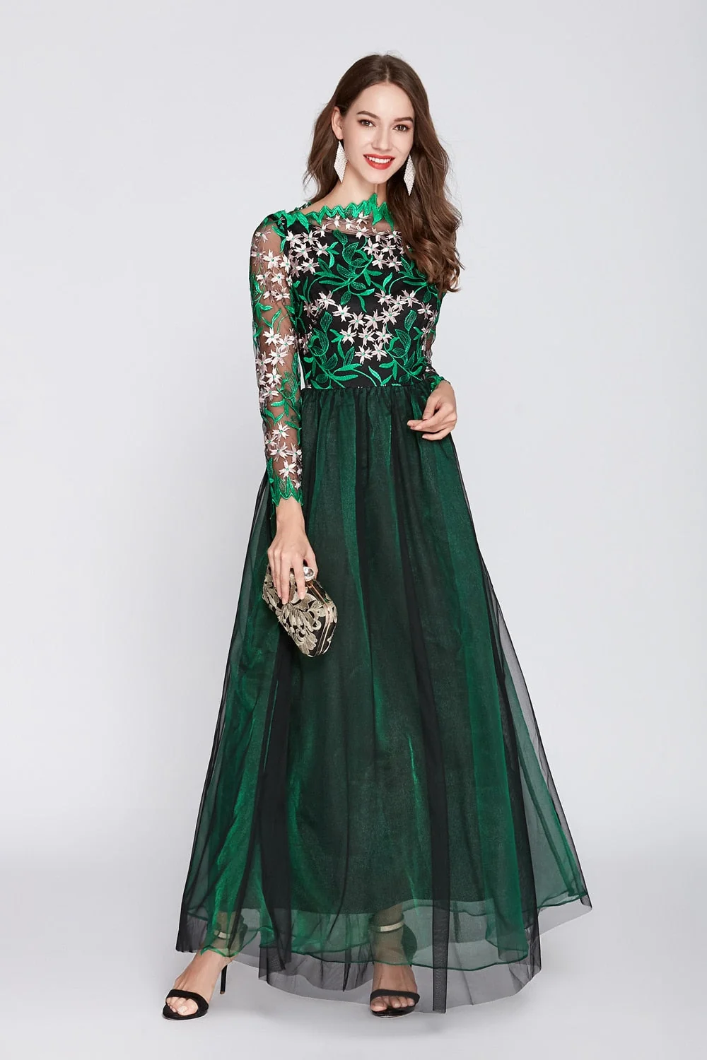 Women's O Neck Long Sleeves Embroidery Bodice Patchwork Fashion Party Prom Maxi Runway Dresses - Image 8