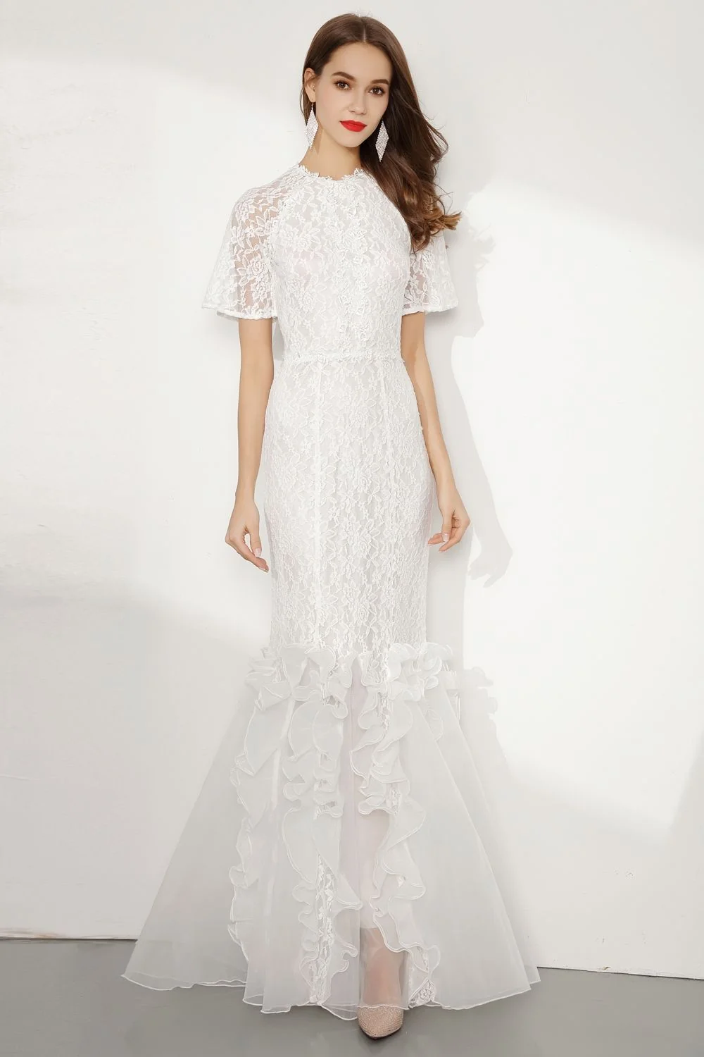 Women's Runway Designer Dresses O Neck Short Sleeves Embroidery Lace Prom Ruffles Mermaid Black Long Party Dresses - Image 14