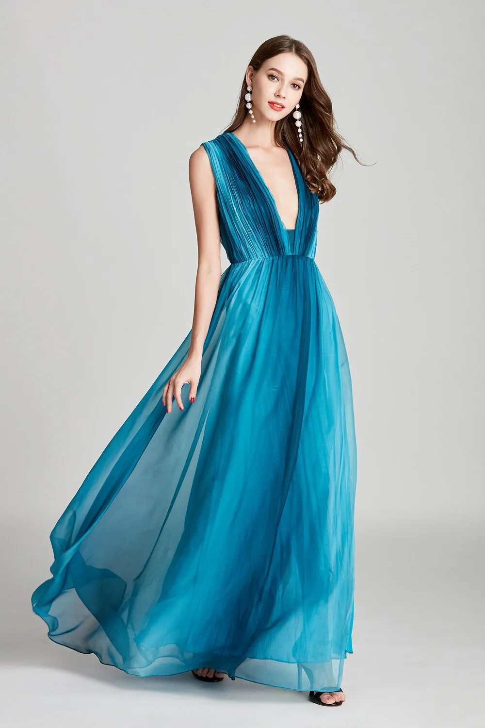 Sexy Low V Back Sleeveless Faded Color Ruched Fashion Floor Length Prom Dresses Party Foral Dressses - Image 2