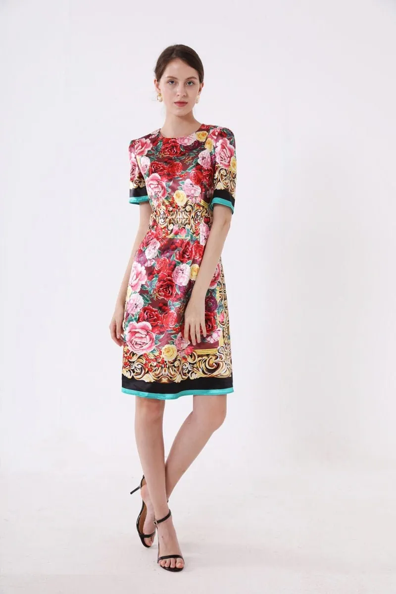 Women's Runway Dresses O Neck Short Sleeves Floral Printed Fashion Casual Pencil Summer Dresses