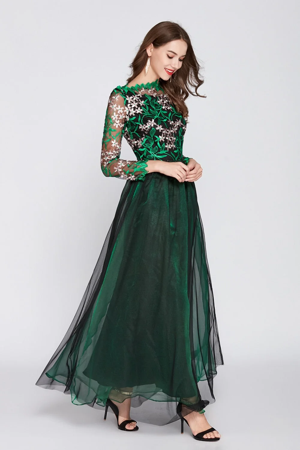 Women's O Neck Long Sleeves Embroidery Bodice Patchwork Fashion Party Prom Maxi Runway Dresses - Image 10