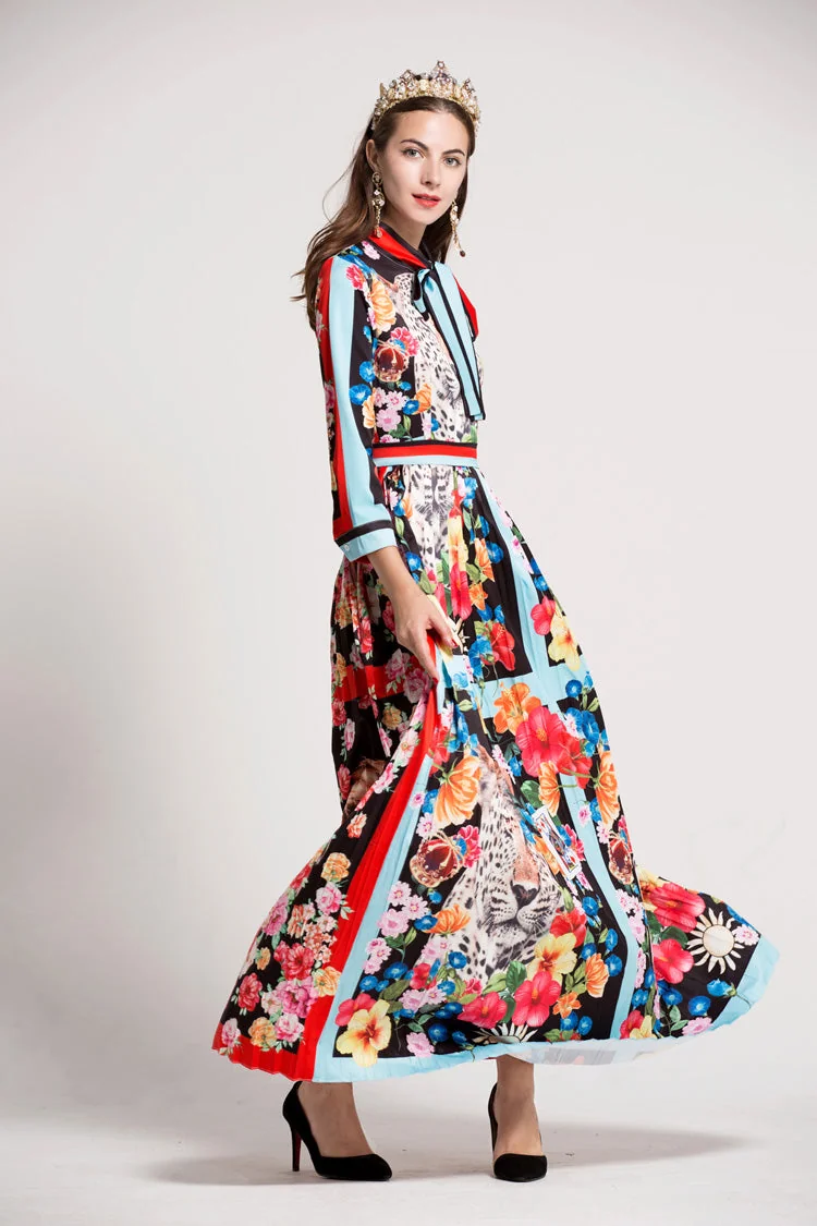 Women's O Neck Long Sleeves Bow Detailing Fixed Pattern Floral Printed Striped Pleated Elegant Maxi Runway Dresses - Image 7