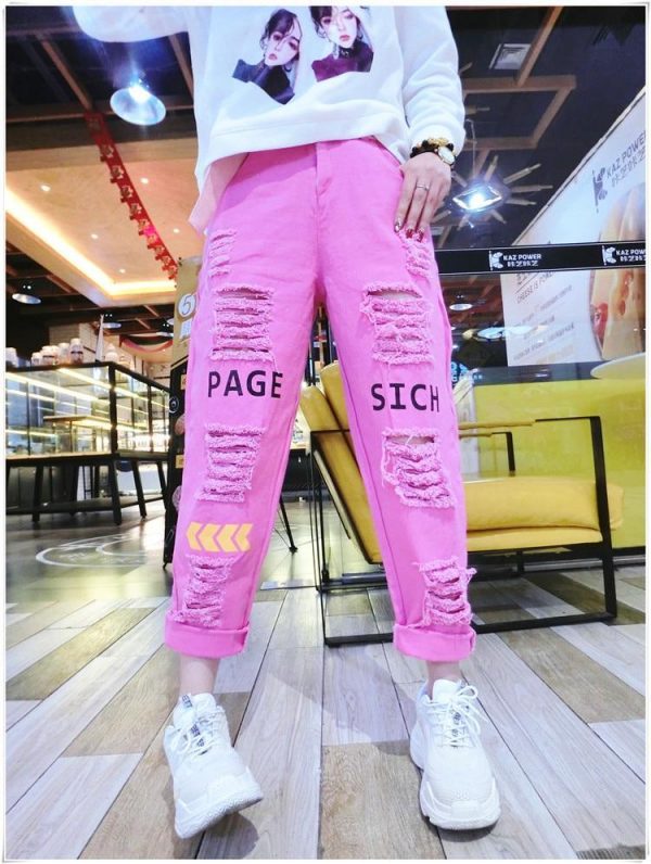 Letter Spliced Women Jeans Holes Pants Loose Candy Color Denim women's pants Autumn Harajuku BF Female Joggers - Takalr