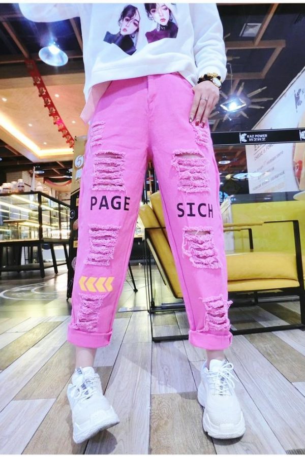 Letter Spliced Women Jeans Holes Pants Loose Candy Color Denim women's pants Autumn Harajuku BF Female Joggers - Takalr