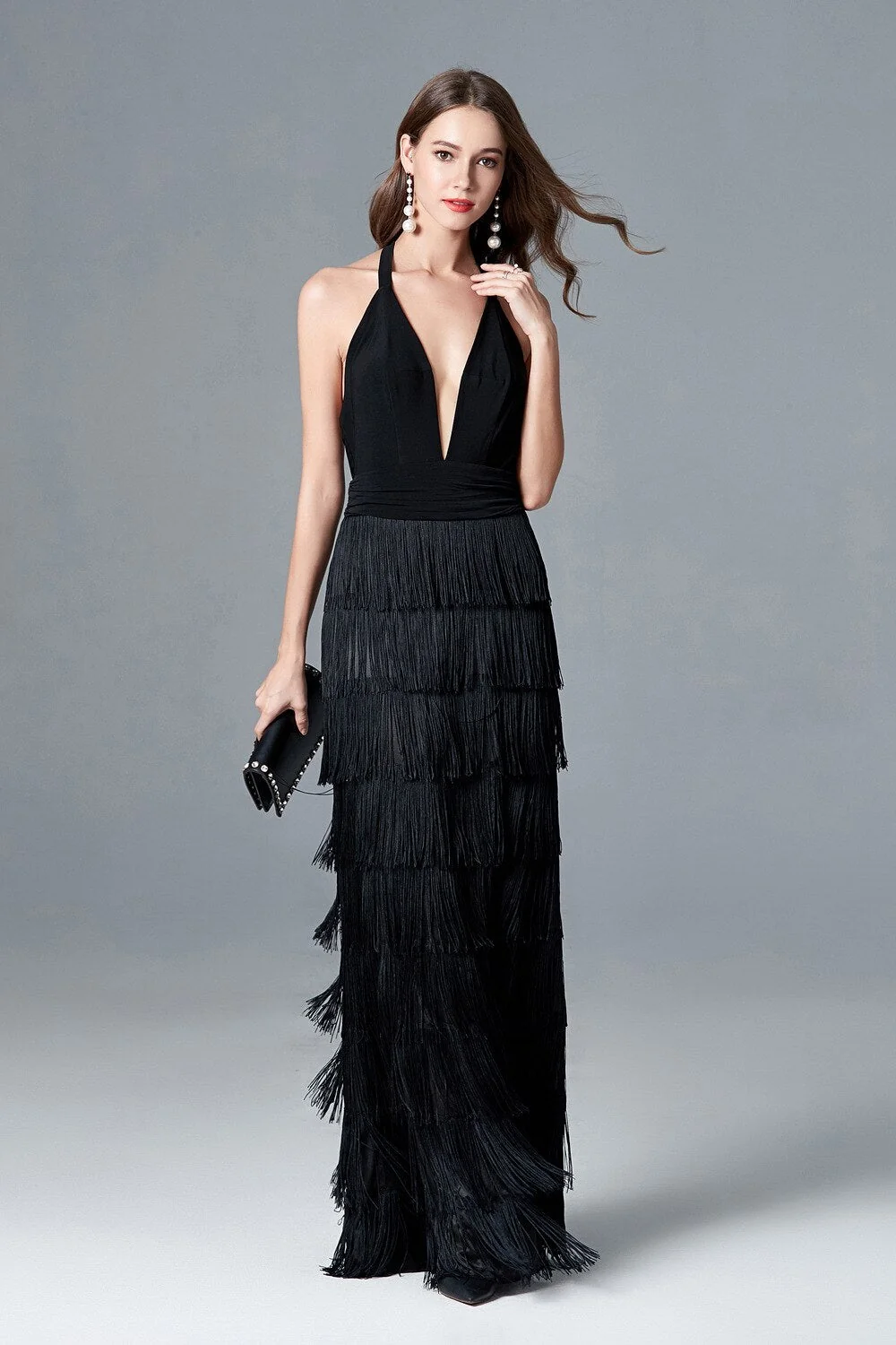 Women's Sexy Deep V Neck Sleeveless Ruched Waist Tiered Tassels Fashion Long Party Dresses Elegant Runway Prom Dress