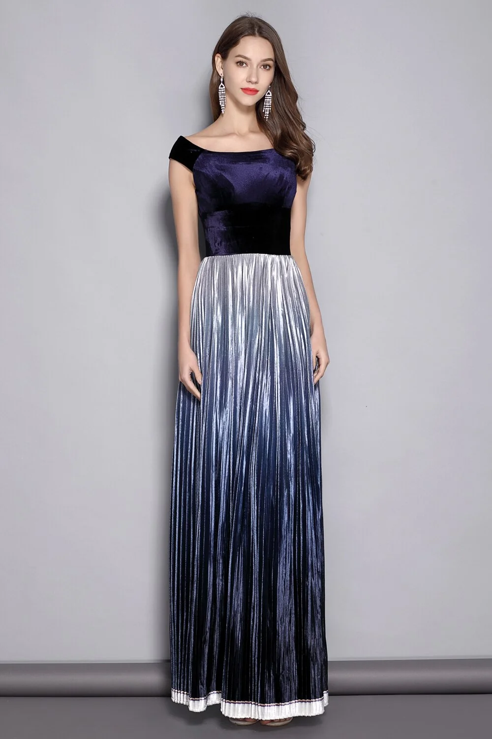 Women's Slash Neckline Short Sleeves Velour Pleated Party Prom Piping Elegant Long Runway Dresses - Image 3
