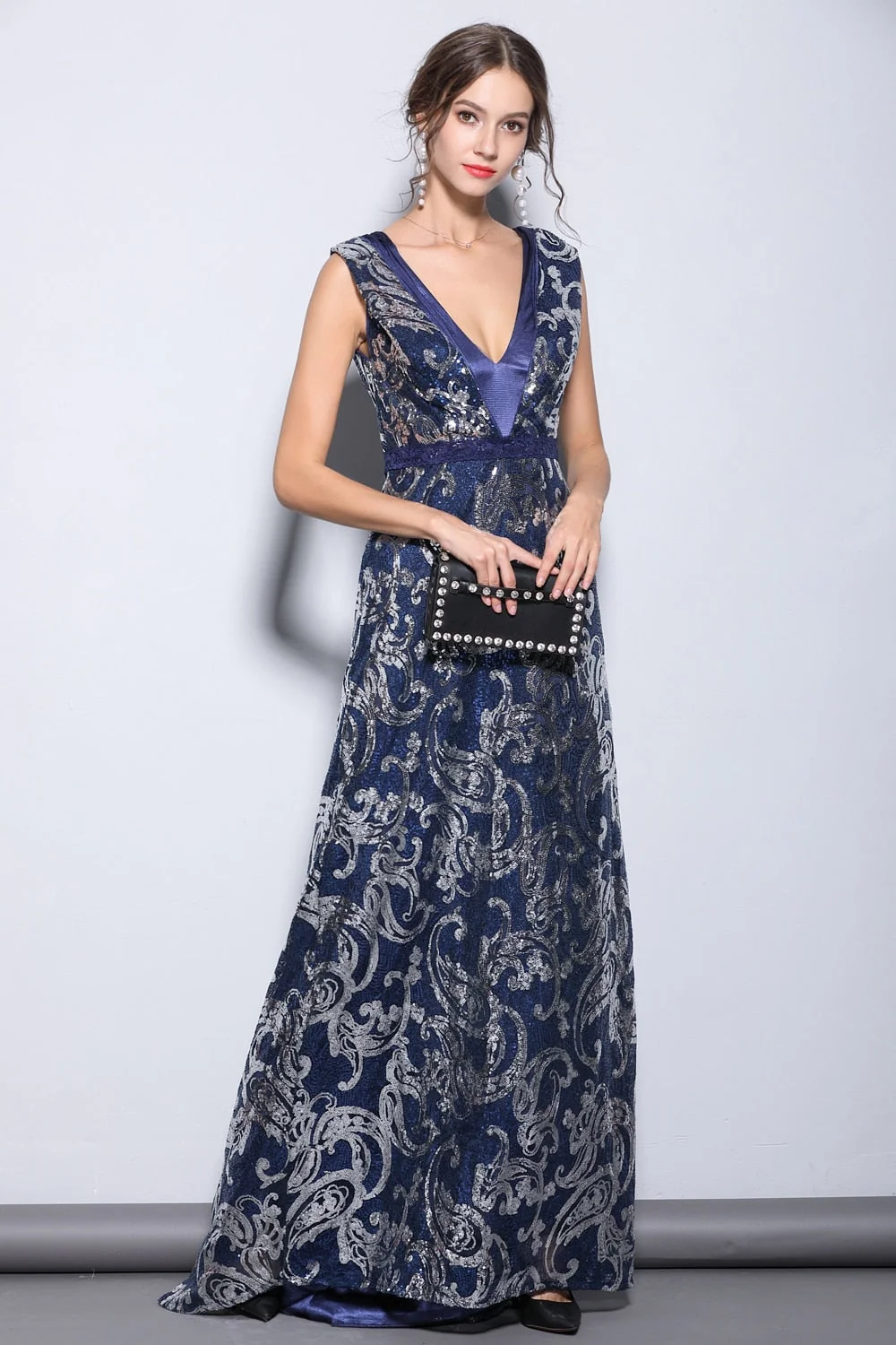 Women's Party Prom Sexy V Neck Sleeveless Embroidery Sequined Elegant Formal Long Runway Dresses - Image 2