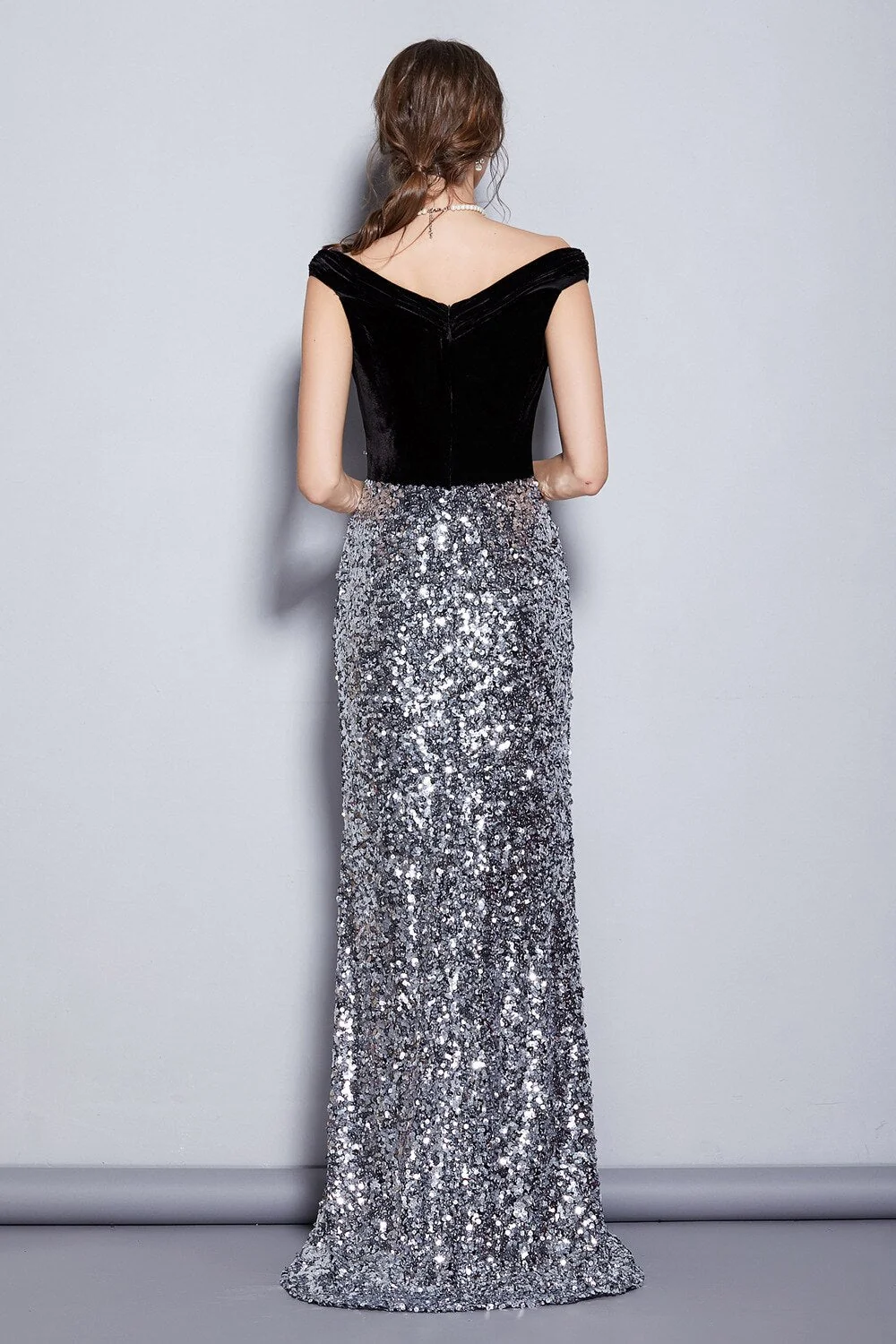 Women's Runway Designer Dresses Slash Neckline Cap Sleeves Velvet Bodice Patchwork Sequined Elegant Long Party Dresses - Image 6