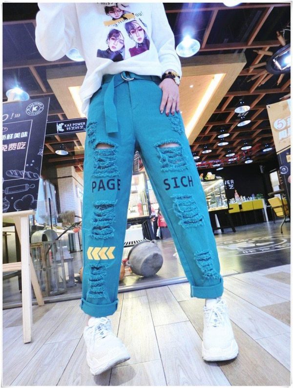 Letter Spliced Women Jeans Holes Pants Loose Candy Color Denim women's pants Autumn Harajuku BF Female Joggers - Takalr