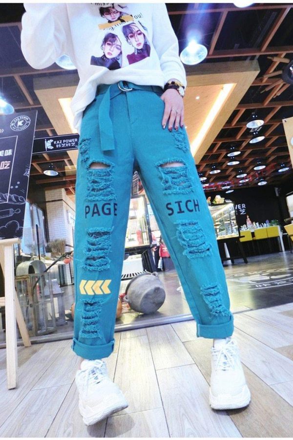 Letter Spliced Women Jeans Holes Pants Loose Candy Color Denim women's pants Autumn Harajuku BF Female Joggers - Takalr