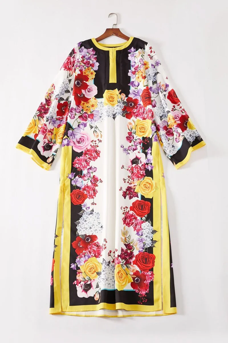 Women's Runway Dresses O Neck Long Sleeves Loose Design Side Split Flora Printed Fashion Casual Maxi Dresses - Image 8