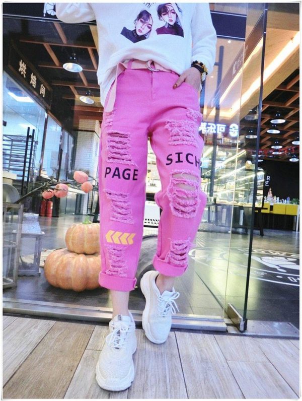 Letter Spliced Women Jeans Holes Pants Loose Candy Color Denim women's pants Autumn Harajuku BF Female Joggers - Takalr