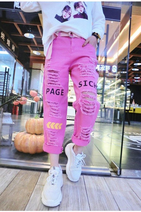 Letter Spliced Women Jeans Holes Pants Loose Candy Color Denim women's pants Autumn Harajuku BF Female Joggers - Takalr