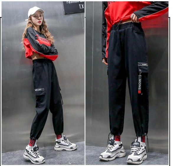 Spring Women Plus Size 2XL Hip Hop Pants  BF Harajuku Loose Cargo Pants Women Ribbon Big Pocket Casual Harem Pants - Takalr