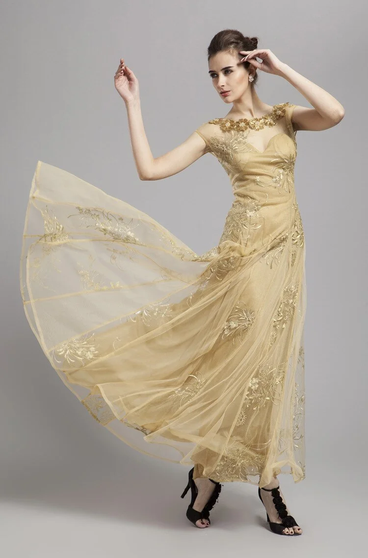 Women's Scoop Neckline Embroidery Sequined A Line Long Prom Party Designer Dresses - Image 2