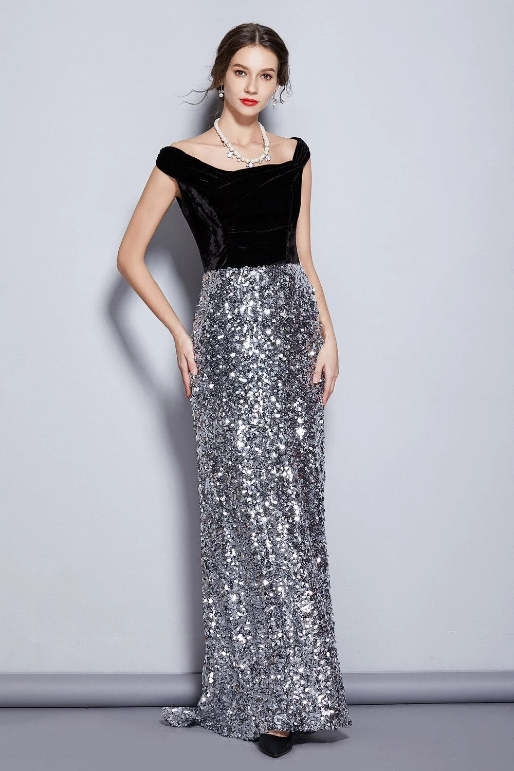 Women's Runway Designer Dresses Slash Neckline Cap Sleeves Velvet Bodice Patchwork Sequined Elegant Long Party Dresses - Image 2