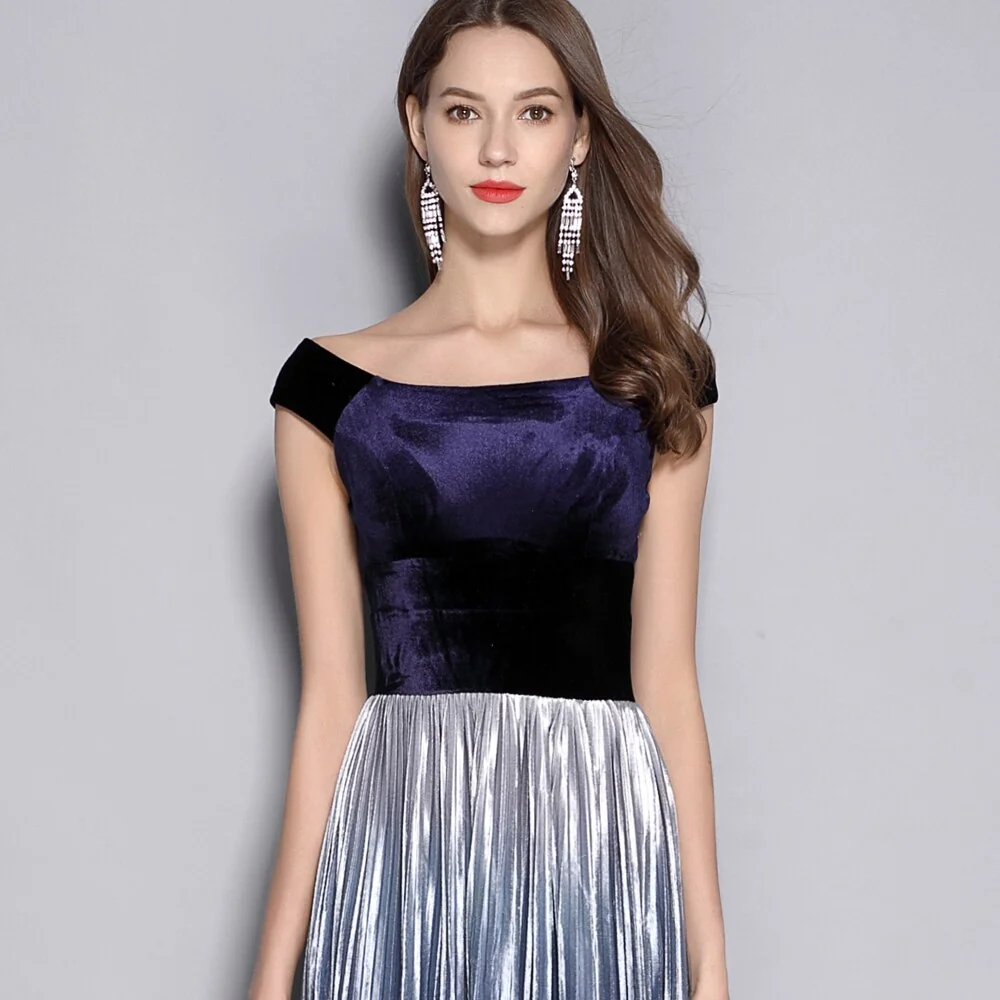Women's Slash Neckline Short Sleeves Velour Pleated Party Prom Piping Elegant Long Runway Dresses - Image 7