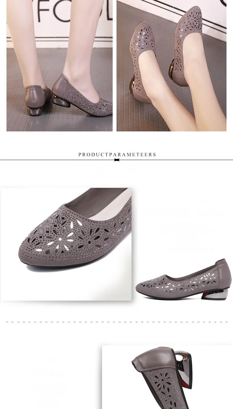 Crystal Low Heels Women shoes Soft Genuine Leather Female Shoes Women Slip On Footwear Square Heel Ladies Shoes - Image 10