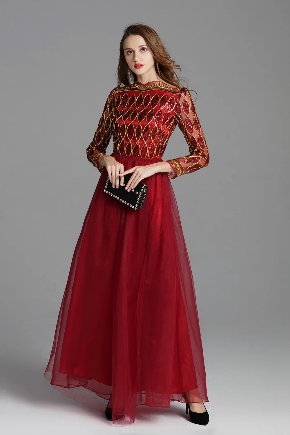 Women's Elegant Runway Dresses Autumn Slash Neckline Embroidery Party Prom Long Sleeves Sequined Fashion Maxi Dresses - Image 3
